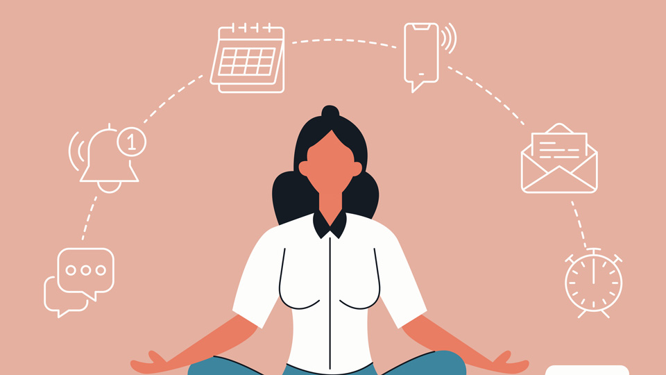 Cartoon woman meditates against a peach background