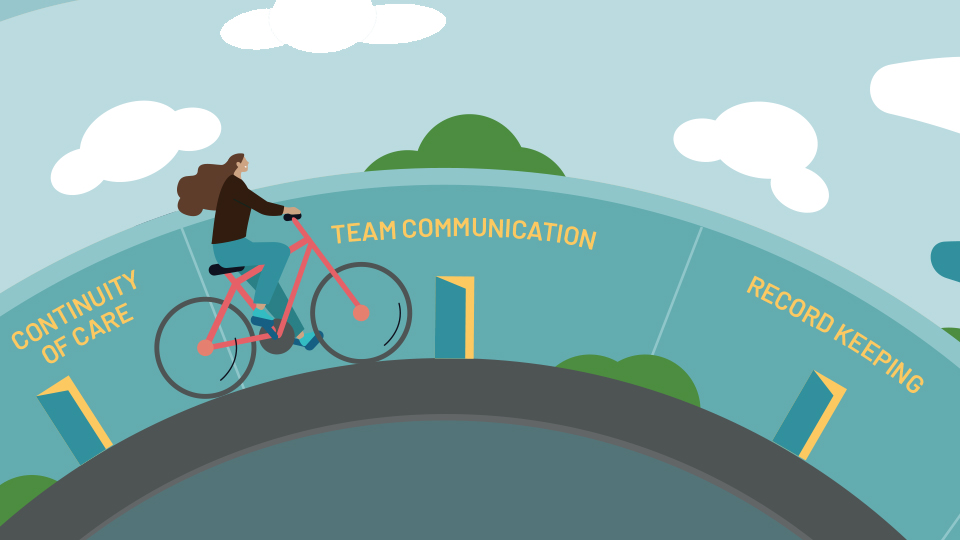 A woman on a bike cycles past different signs with phrases related to the patient journey