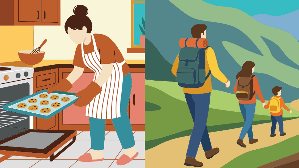Illustrations of a woman taking cookies out of the oven and hikers walking are displayed side by side