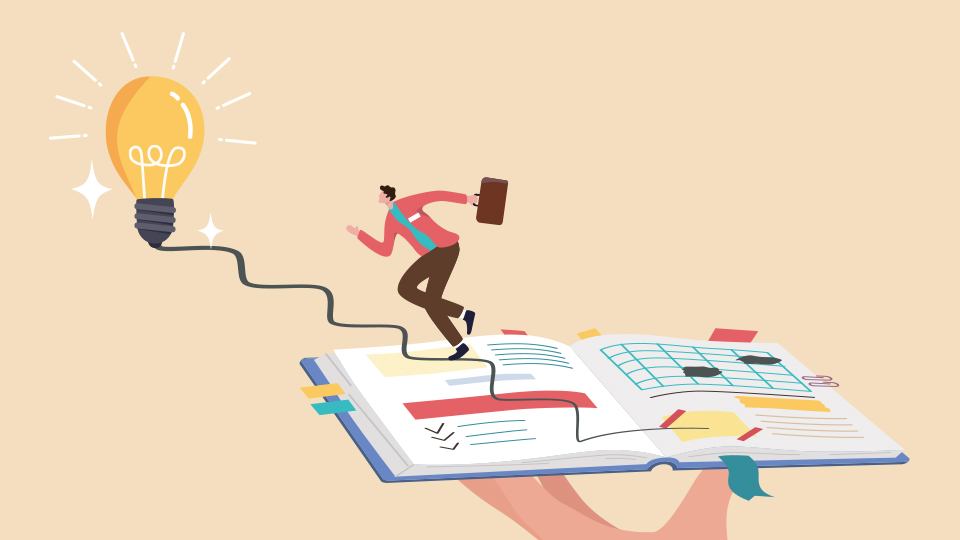 An illustration of a person holding a suitcase runs towards a lightbulb on the open pages of a book