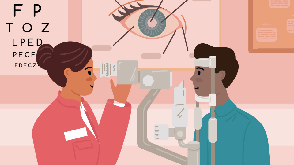 An illustration of an optometrist performing a sight test