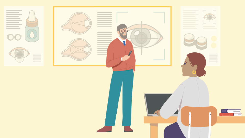 An illustration of a clinician who stands at the front of the room in front of eye-related posters speaking to another clinician who is seated with a laptop
