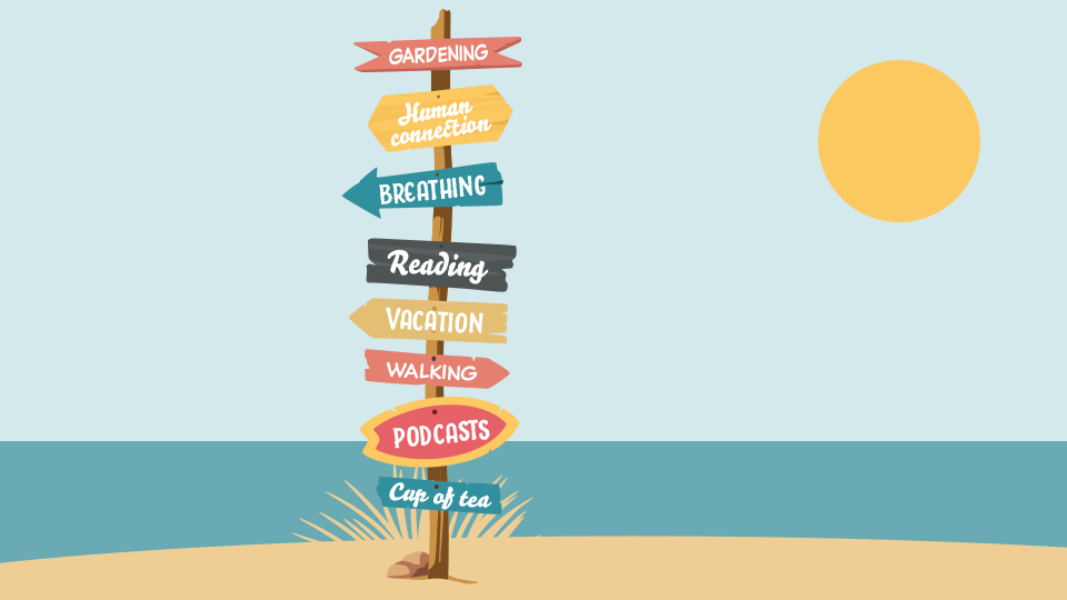 An illustration of a direction sign on a beach