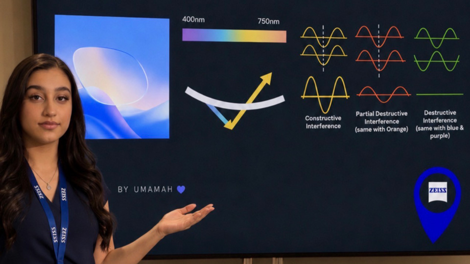 Umamah stands beside a large screen which displays an illustration she created of an optical theory