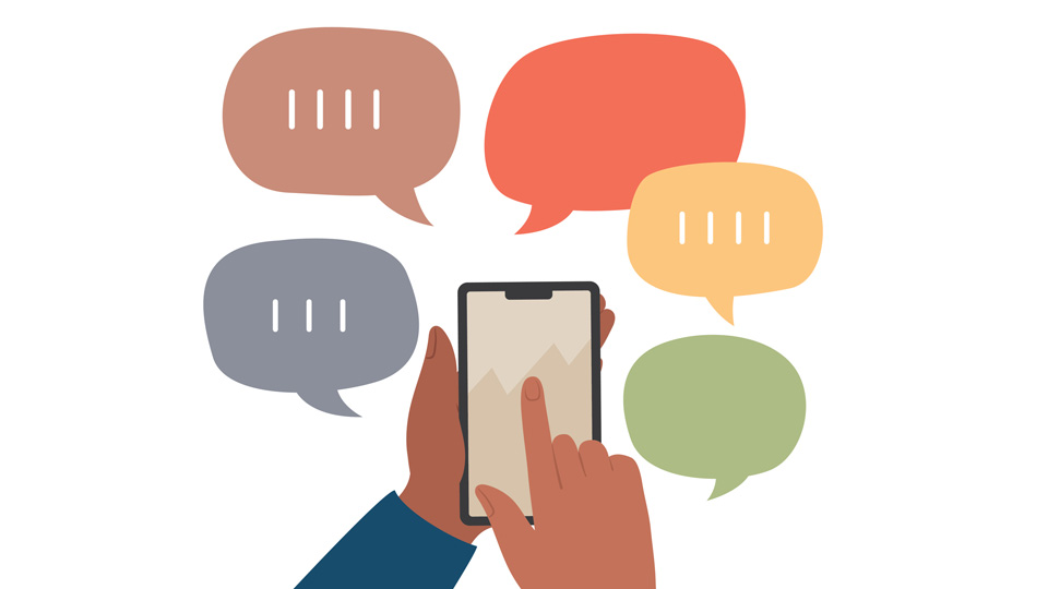 An illustration of a hand holding a mobile phone and speech marks around it