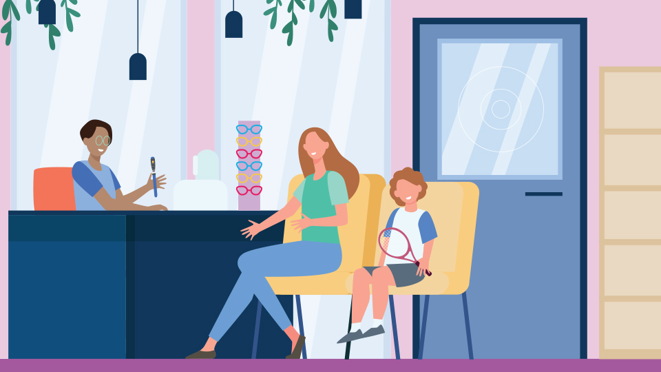 Illustration of a parent and a child in an optometry practice 