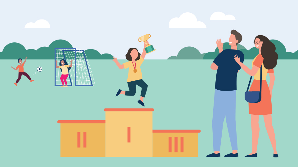 Illustration of two adults and three children playing in a park