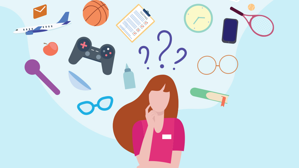 Illustration of a woman thinking. A thought bubble of displaying a variety of objects she is thinking about is displayed
