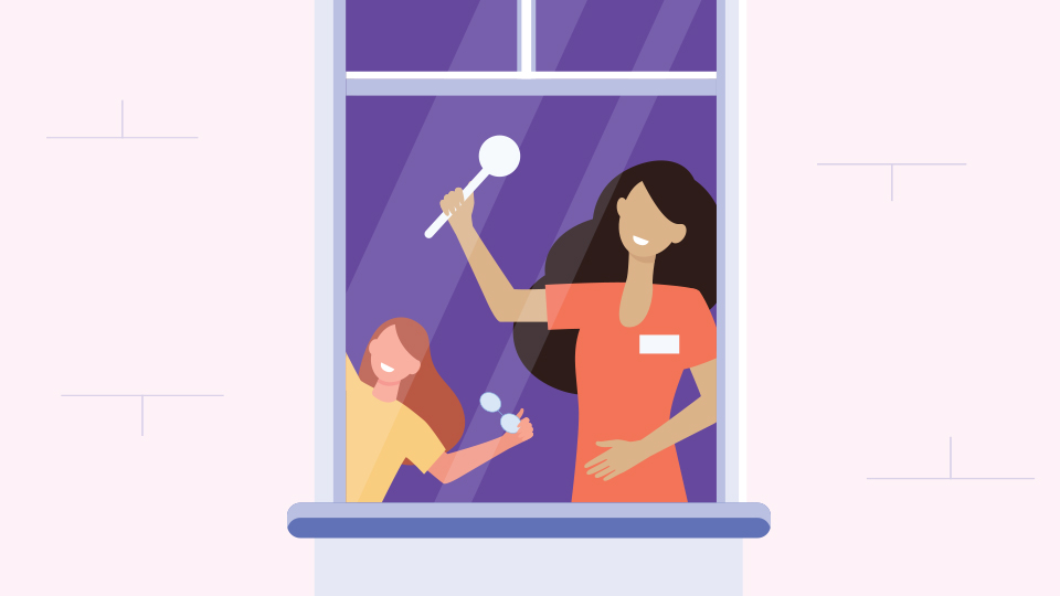 Illustration of a woman and a child in a window