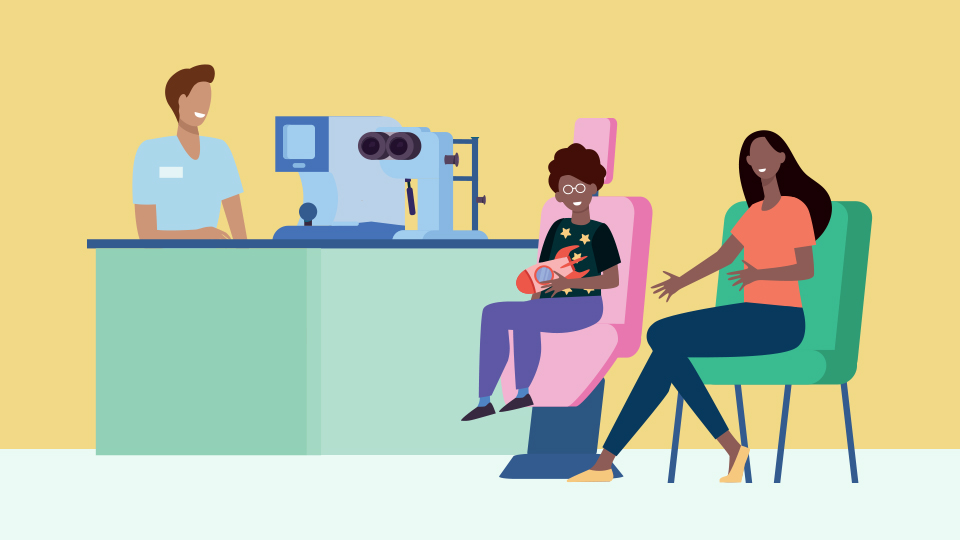 Illustration of a child and a parent in a practice room. An optometrist is sitting on the other side of the desk