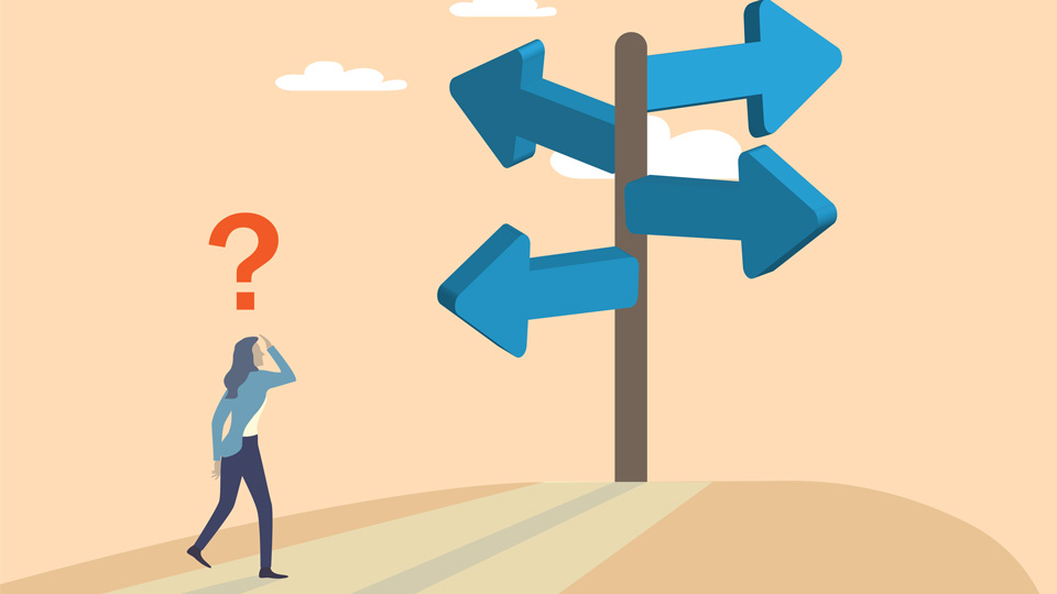 An illustration in tones of blue in which a woman stands in front of a crossroads that points in many directions. Her posture indicates confusion