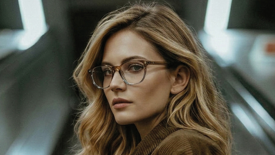 A woman wearing glasses stops on the stairs of an underground train station