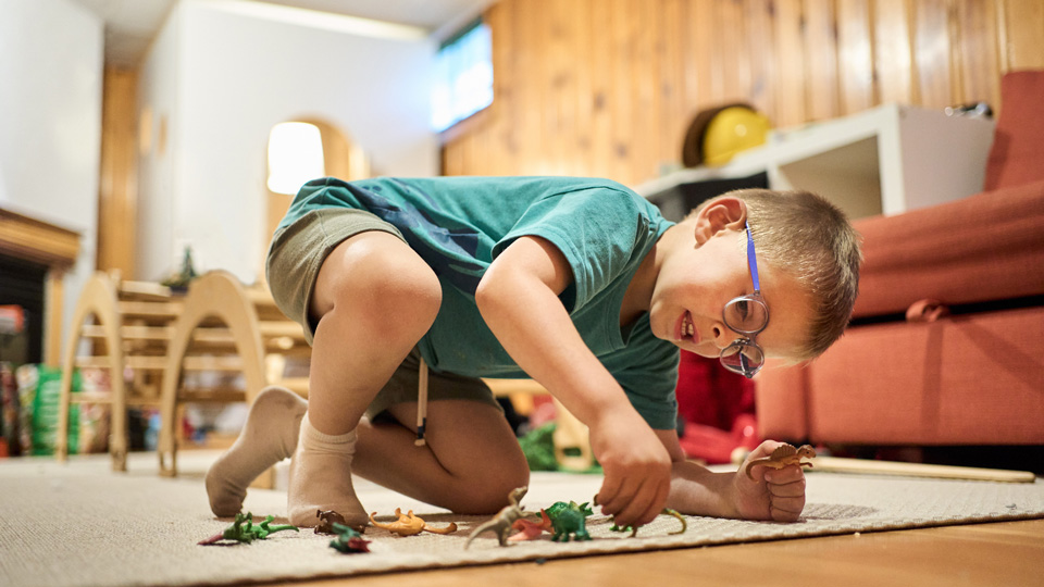 A child wearing glasses plays with toy dinosaurs