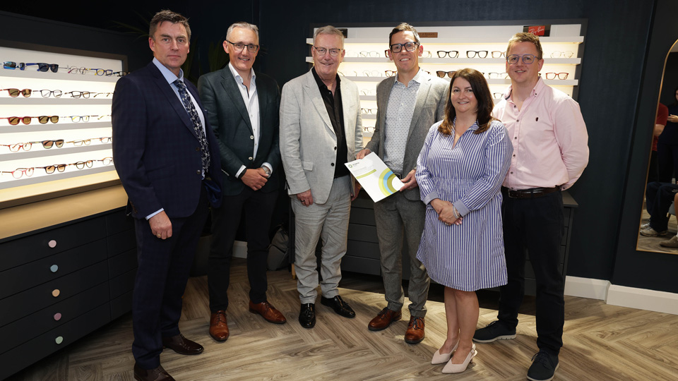 Health minister, Mike Nesbitt MLA, with Optometry Northern Ireland chair, Brian McKeown, and colleagues during a visit to Brogan’s Eyes and Ears practice in Lisburn