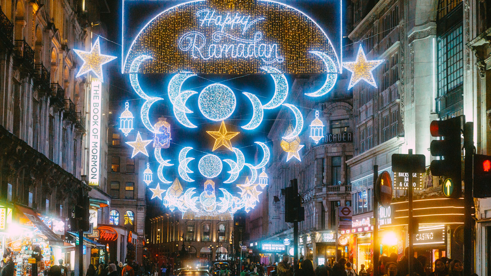 Ramadan lights above the street in Piccadilly, London