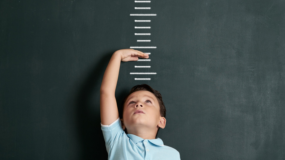 A boy stands against a wall with a height cart on it