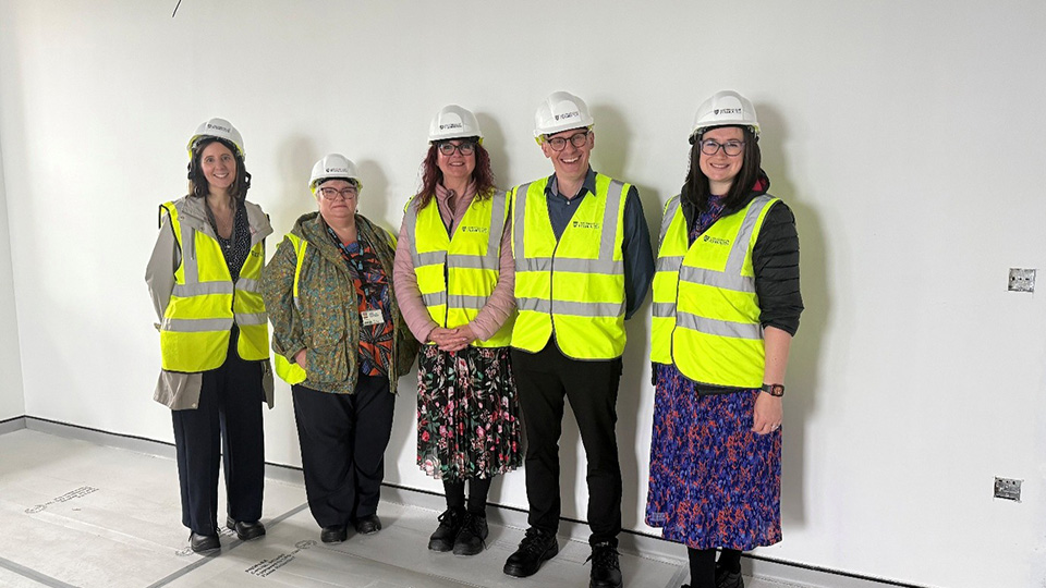 Claire Gorman, Claire Wright, Debbie Chatten-Smith, Dean Dunning, Leanne Smewing at the University of Plymouth in hard hats and high vis coats