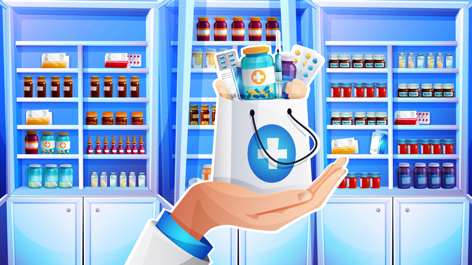 The cartoon hand of a pharmacist holds paid purchases on the background of the pharmacy interior