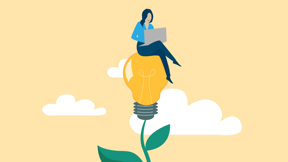 Woman sitting on a giant light bulb growing like a plant, working on a laptop against a cloudy sky background.