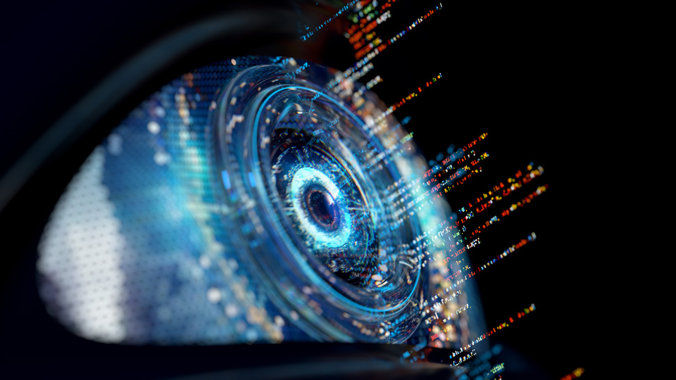A futuristic illustration of an eye with lines of data emanating from corneqa