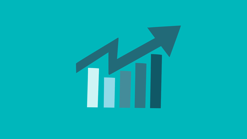 A graphic of a bar graph with an arrow heading upwards in stages to indicate growth