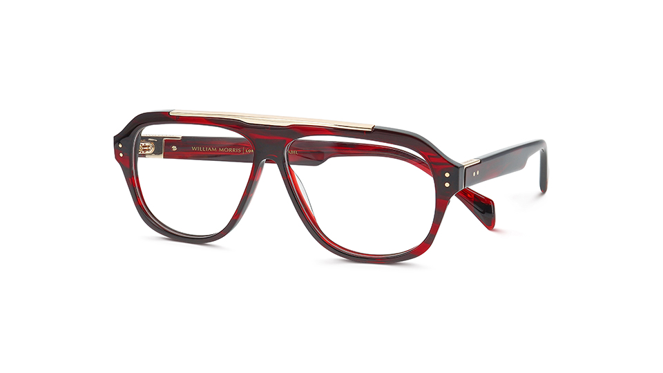 An aviator frame in glossy red with metal detailing