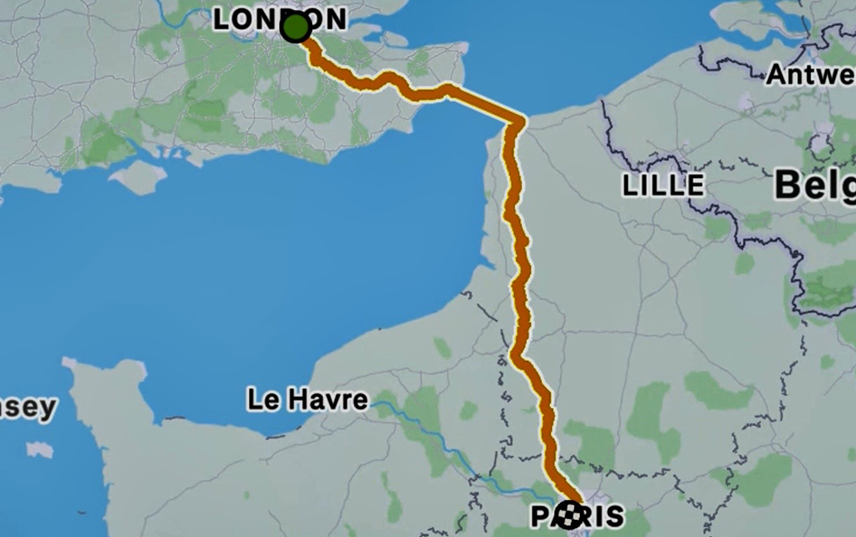 A map of the bottom of England and the top of France, with a wiggly orange line showing a journey from London to Paris. There is a green dot in London, indicating the start of the journey, and a finish-line marker in Paris