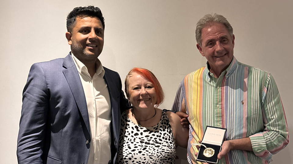 Kevin Thompson after receiving the AOP’s Peter Yeo Award with Emma Spofforth and Nizz Sabir