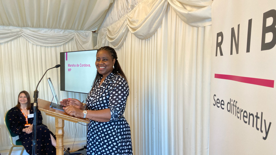 Marsha de Cordova speaks at a parliamentary event celebrating a new RNIB training programme to provide emotional support at the point of diagnosis