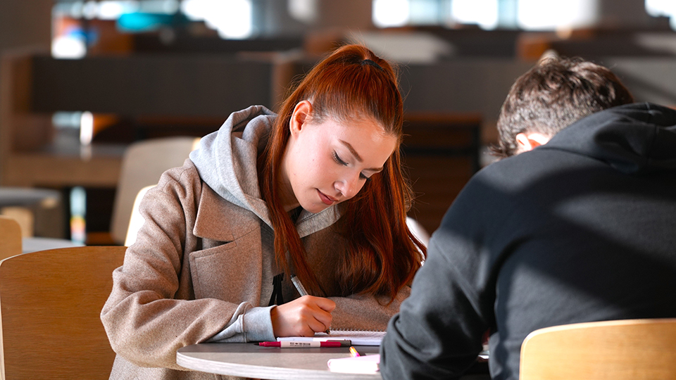 A male and female student studying at a desk together, both look intently at their notebooks, one is making notes