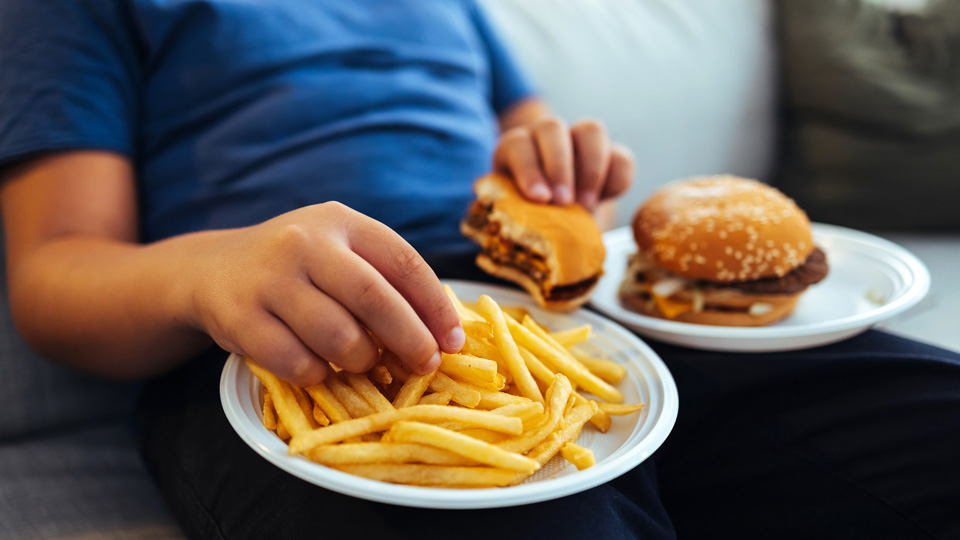 An unidentified child sits on the sofa eating potato chips and a hamburger