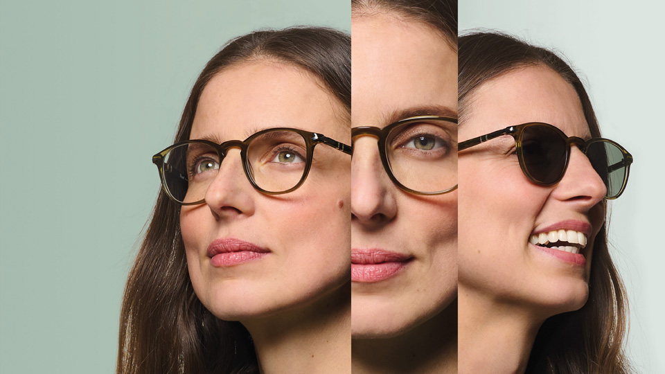 A collage of a woman in glasses with three different lenses, in each image she’s facing a different direction