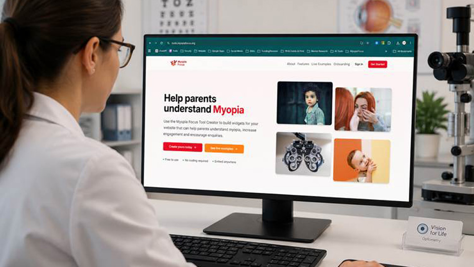 An optometrist in a white coat is seated at a desk using a desktop computer. On the screen is the Myopia Focus Tool Creator, which encourages helping parents understand myopia. Around the room are visual indicators that this is a clinical setting, including a Snellen chart, diagrams of the eye, and testing equipment