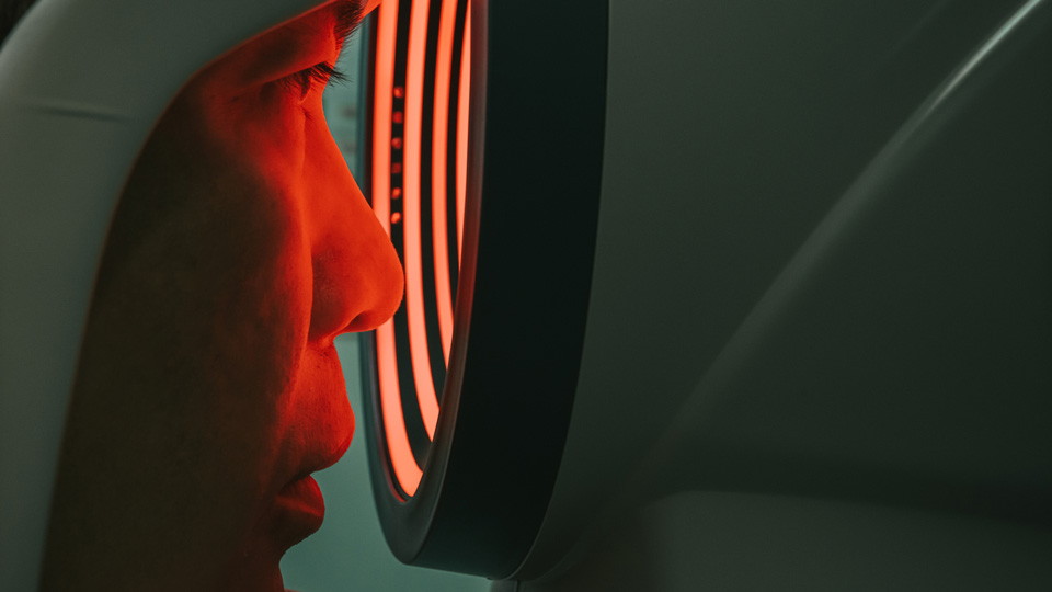 A male patient is viewed in profile having his eyes tested