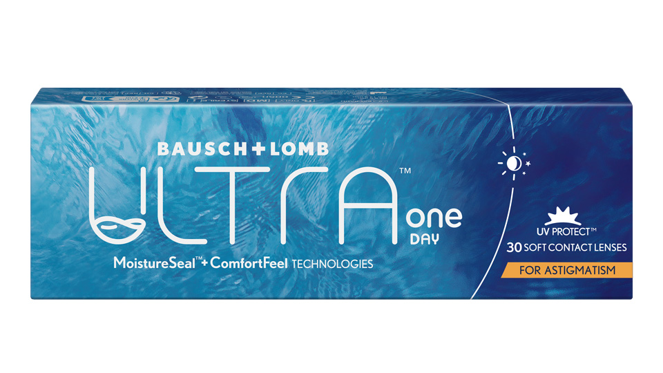 A package of Bausch + Lomb Ultra One Day for Astigmatism contact lenses in a white and blue colouring