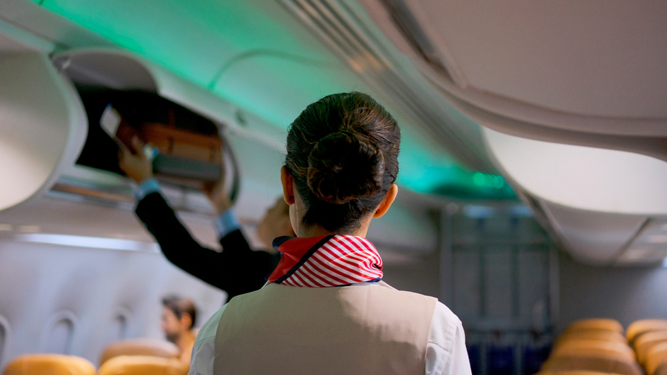 A female cabin crew members is viewed from the back