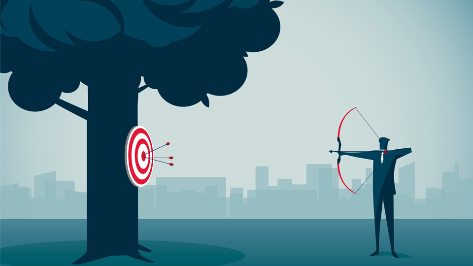 An illustration of a man in a suit and tie firing arrows at a target placed on a tree