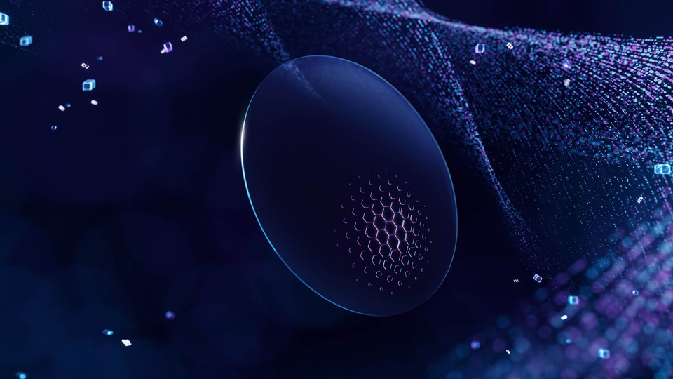 A graphic design of a lens in a deep blue digital environment. Purple hexagons on a patch of the lens infer intelligent design, while pixellated waves of dots and squares indicate artificial intelligence and data