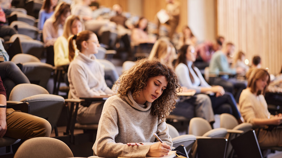 A group of students sit in a lecture theatre