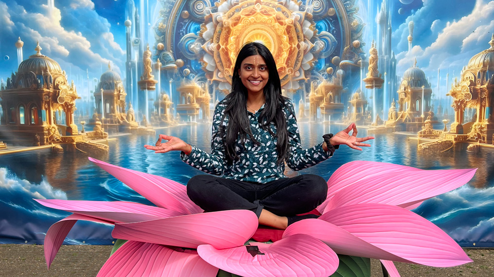 Vaneesha Patel sits cross legged in a meditation pose on a large decorative flower as part of Janmashtami celebrations