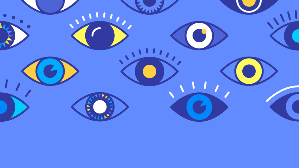 Illustration of a cartoon style human eye spy on a blue background.