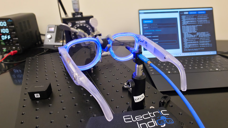 Prototype eyewear incorporating indigo light designed by startup company Electric Indigo