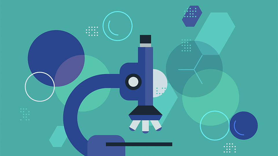 Illustration of microscope with magnified cell pattern background in turquoise  