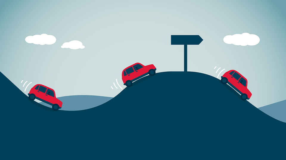 Illustration of cars going along a bumpy blue hill 