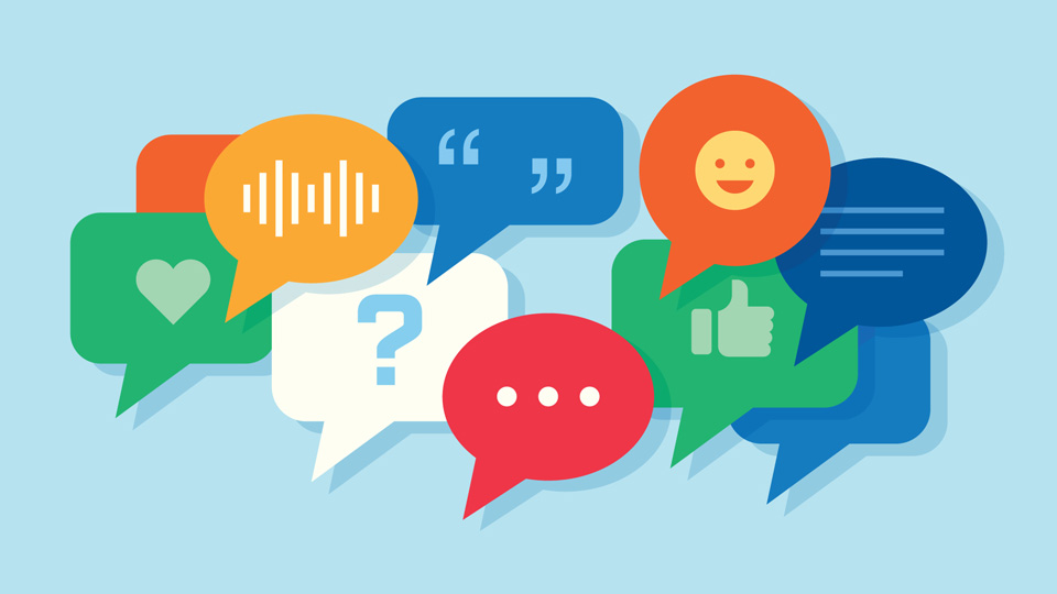 Talking, chatting, discussing, forum conversation, online messaging speech bubbles on a light blue background