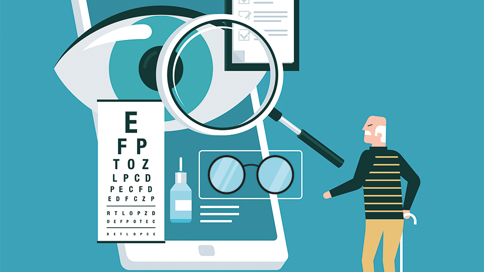  Illustration of an online ophthalmic touchscreen application and an elderly man