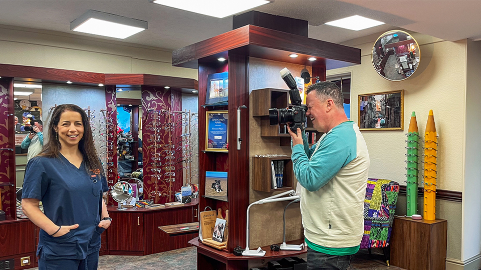 Francesca Fulgoni has her photograph taken at Fulgoni Opticians