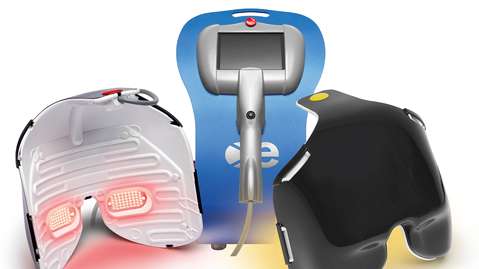 Three masks with different coloured lights
