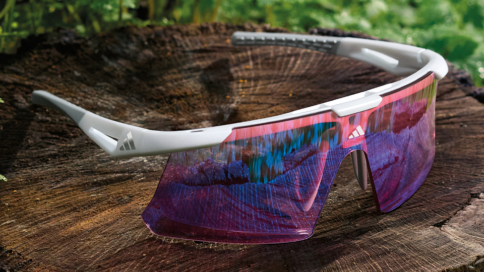 A pair of sporty frames with purple lenses rest on a tree stump