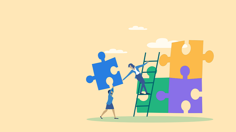 Cartoon women help each other build a giant colourful jigsaw with use of a ladder  